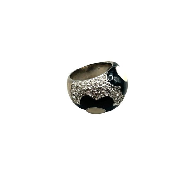 90s Ring Domed Rhinestones Pave with Enamel Flowers Size 7 Silver Tone Metal - Picture 1 of 10